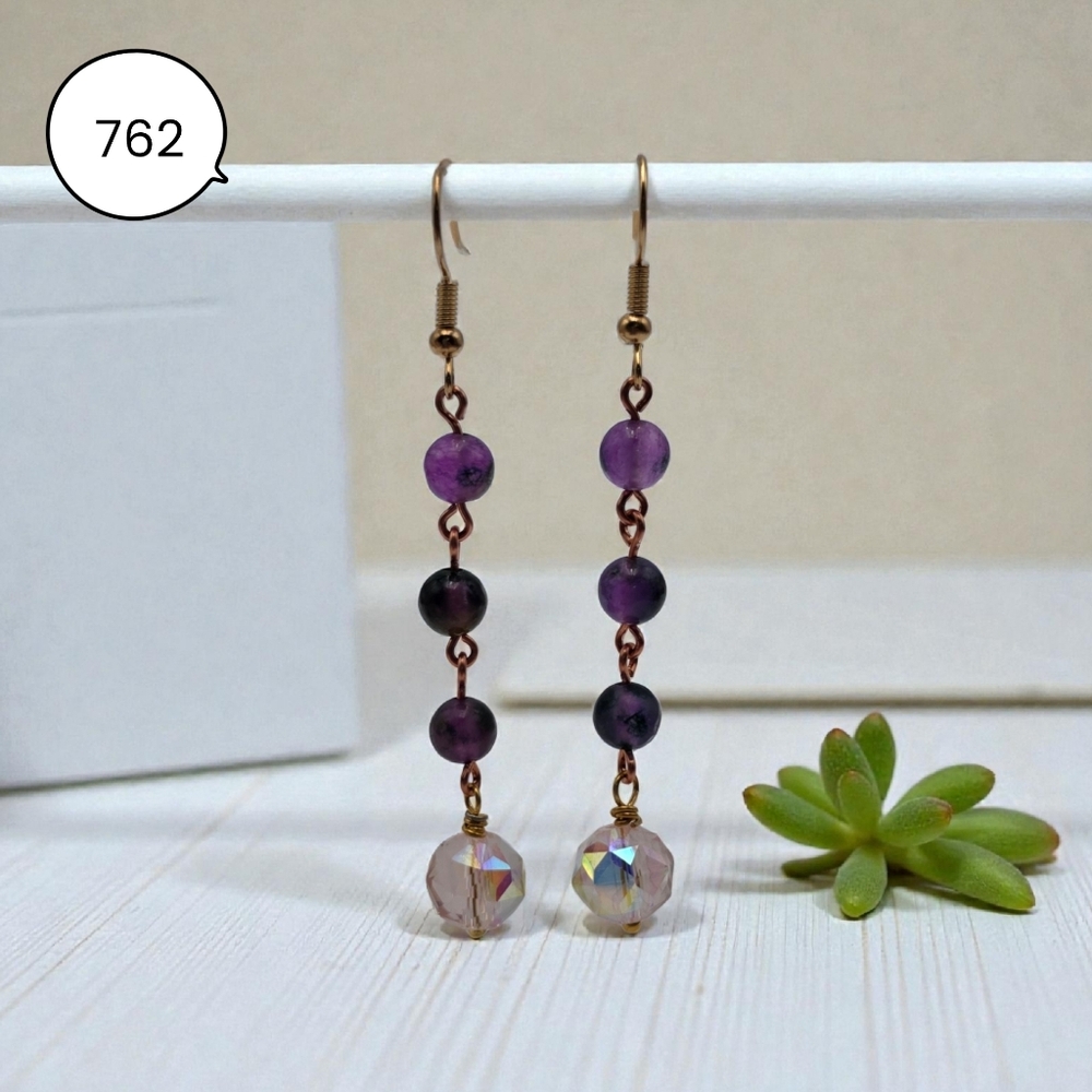 Purple Fluorite Beaded Dangle Earrings – Handmade Crystal Drop Jewelry